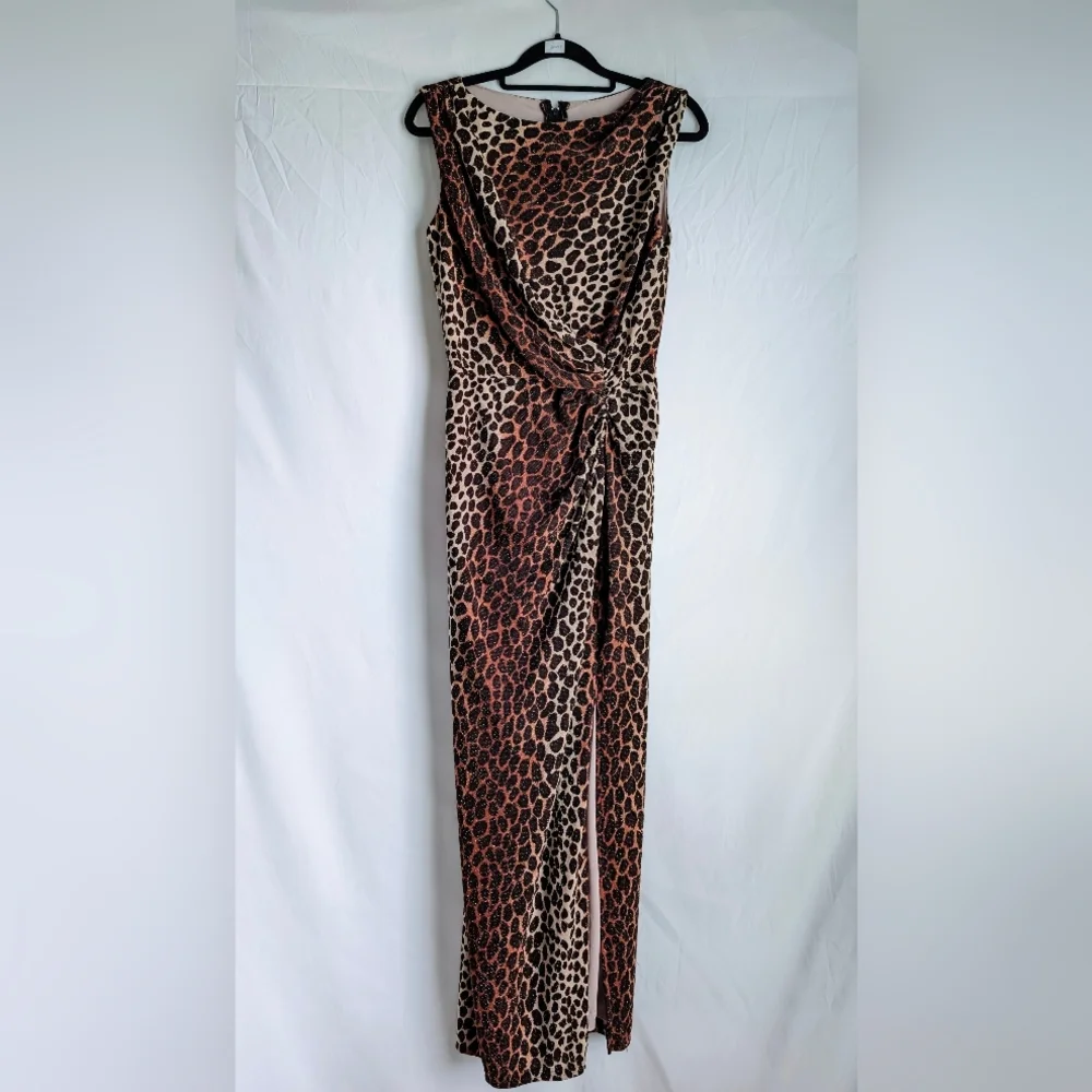 90s Vintage Tadashi Leopard Metallic Ruched Evening Dress Made In USA S